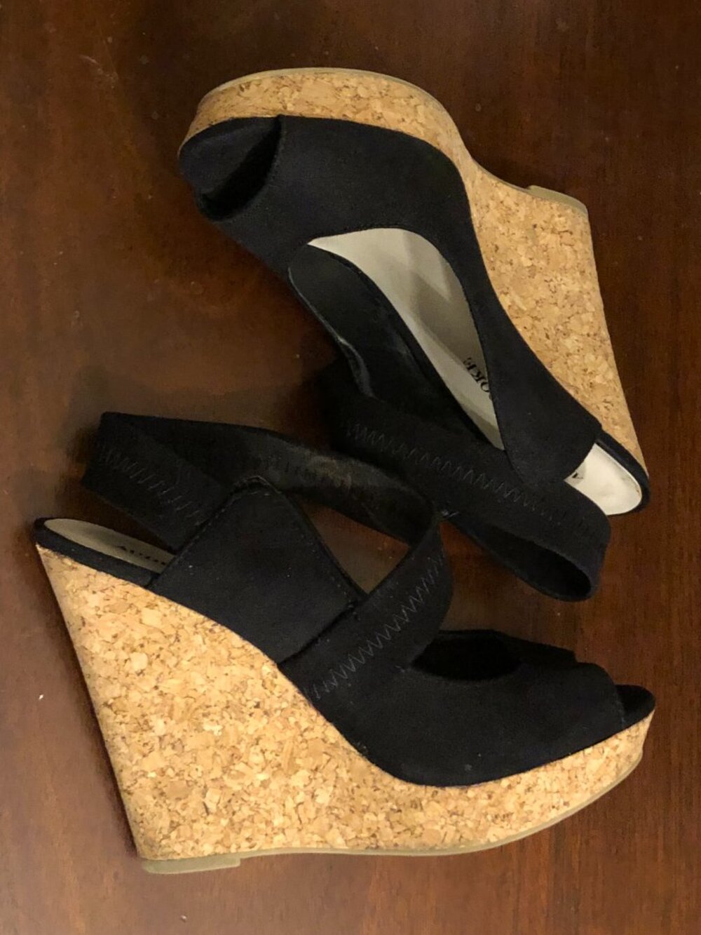Audrey Brooke Kate Black Cork Wedge Sandals Peep Toe 7M - Picture 7 of 8